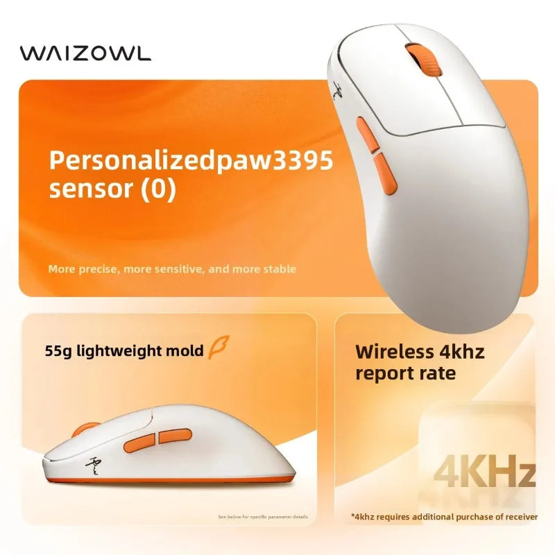 Waizowl Cloud Wireless Gaming Mouse PAW3395 26K DPI Symmetrical Tri-Mode 4KHz Polling Esports Mice for Medium Large Hands PC